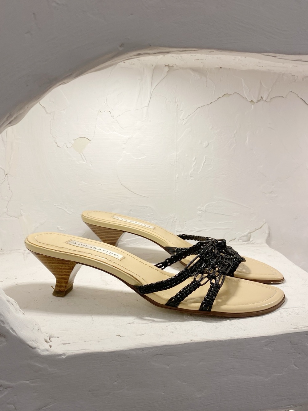 Black Woven Leather Kitten Heel Sandals